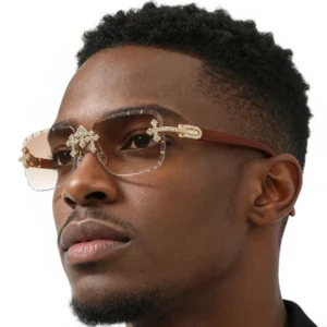 Iced Out CZ Fleuree Cross Sunglasses Vintage Rimless Gradient Lenses UV400 Eyeglasses for Men Women