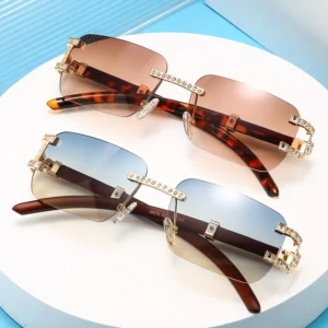 Italy Designer Men Women Luxury Diamond Cutting Rimless Square Gradient Lens Vintage Sunglasses with Wood Grain Legs