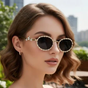 Korean style Oval Frame Diamond Embellished Sunglasses UV400 Protection Versatile Street Style Trendy Eyewear