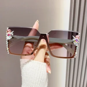 Large square frame diamond sunglasses driving rimless sun glasses crystal girl sunglasses women