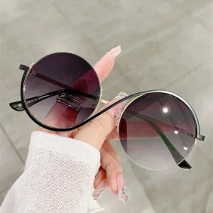 Logo Custom Fashion Anti Blue Light Glasses UV400 Half Frame Metal Round Sunglasses for Women