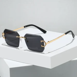 Luxury Frameless Geometric Sunglasses Thin Gold Alloy Frame with Hollow C Metal Ornament UV400 HD Lenses Low MOQ
