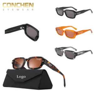 Luxury High Quality Women Eyewear Small Rectangle Frame Sunglasses Orange Frame Acetate Sun Glasses with Polarized Lens