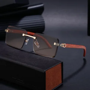 Luxury Trimmed Rimless Sun Glasses Custom Logo Wood Leg Sunglasses Men