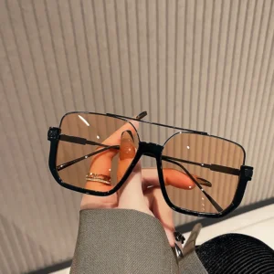 Luxury Vintage Sunglasses Custom Fashion Half Rimless Square Metal UV400 Gold Yellow Double Bridge Irregular