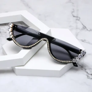 Luxury Women’s Vintage Half Frame Moon Rhinestone Sunglasses Fashion Diamond Encrusted UV400 Sunglasses for Party Daily