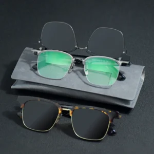 M96 Dual Use Flip up Sunglasses, Acetate Titanium Spectacles, Patchwork Pattern Semi Frame Eyewear Frame