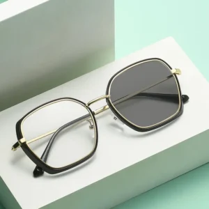 Men Metal Outdoor Sun Protection Photochromic Sunglasses Large Square Frame Anti Blue Light Glasses Eyewear
