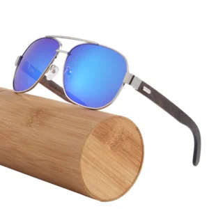 Men Polarized Sunglasses Wooden Temple Double Bridge Metal Frame Pilot Driving Sun Glasses UV400 Anti Glare Fashion Shades