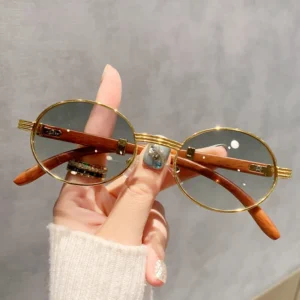 Men’s And Women’s Retro Faux Wood Grain Sunglasses UV400 Protection Trendy European American Fashion Oval Metal For Children