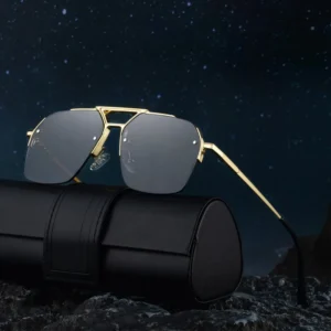 Men’s Fashion UV400 Sun Glasses Custom Logo Half Rim Square Double Bridge Gold Frame Sunglasses with Spring Hinge
