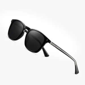Men’s Retro Square Sunglasses with Transparent Frame and Blue Metal Trim Classic Design Polarized Tint Lenses