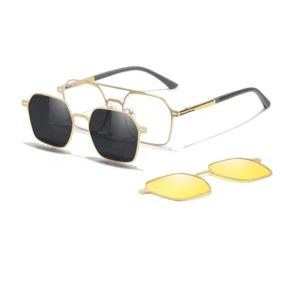 Men’s Three-In-One Hexagon Spectacle Frame, Aluminum Magnesium Myopia Glasses with Magnetic Clip-On Polarized Lenses
