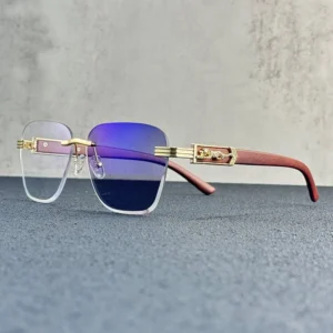 Men’s and Women’s Frameless Photochromic Sunglasses with Grey Brown Lenses Gold Color Woodlike Leg Trimming for Sun Protection