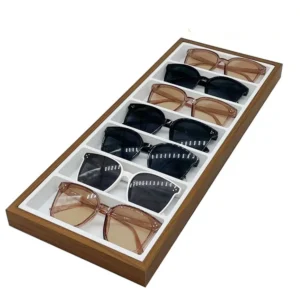 Modern 7 Slot Wood Sunglasses Display Tray Stackable Eyewear Organizer for Boutique Store Drawer Insert White Grey Interior