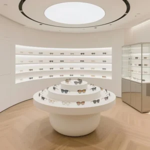 Modern White Curved Optical Display Stand LED Lighting Tiered Sunglasses Showcase for Retail Store Showroom Eco-Friendly Durable
