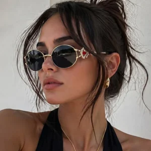New Designer Stylish Oval Metal Frame Sunglasses Red Jeweled Accent Gradient Lens Shades Women Party 90s Sun Glasses Gafas