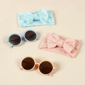 New Handmade Kids Hair Accessories Set Jacquard Double Line Bow Wide Hair Belt Baby Sunglasses Two piece Anniversary