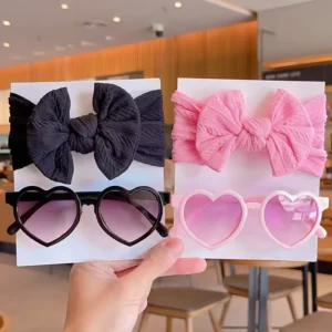 New Heart Shaped Kid Sunglasses With Headband Set Kids Shades Nylon Baby Headband and Bows Baby Accessories