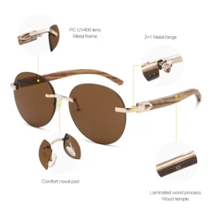 New Latest Rimless Metal Frame Wooden Round Temple Sunglasses PC UV400 Lens Women Men