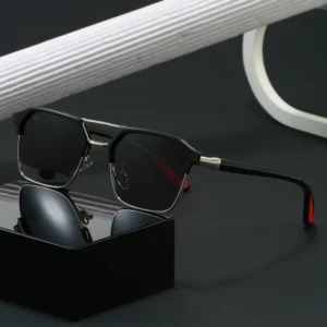New Men’s Metal Double Beam Polarized Sunglasses Black and Red Contrast Color Square Anti UV Driving Sunglasses