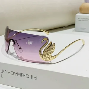 Oversized Rimless Shield Sunglasses Luxury Big Frame Unique Swan-shaped Design Frameless Eyewear