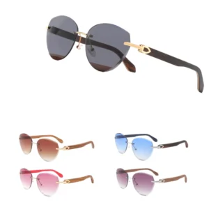 Personality Retro Designer Rimless Wood Grain Temple Sunglasses Diamond Cut Lens UV400 Shades Sun Glasses
