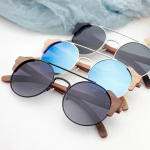 Polarized Sunglasses with Round Lenses Metal Frame & Wooden Temples Custom Own Logo Eyeglasses