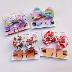 RTS 2pcs Set Kids Photo Props Gift Baby Girls Cute Anti UV Cartoon Flower Sunglasses Sunglass and Bow Knot Headband Set