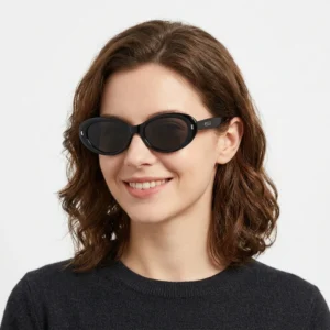 Retro Black Oval Full Rim Acetate Sunglasses with Rectangular Logo UV400 Protection Comfortable Fashion Unisex