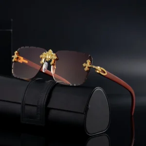 Retro Designer Custom Logo Rectangle Rimless Wood Grain Sunglasses UV400 for Women Men
