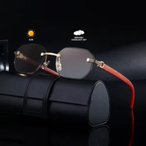 Retro Designer Photochromic Rimless Diamond Cut Lens Wood Grain Arms UV400 Sunglasses for Men