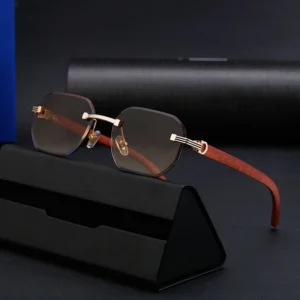 Retro Designer Rimless Rectangle Diamond Cut Lens Wood Grain Temple UV400 Comfortable Sunglasses for Men Women