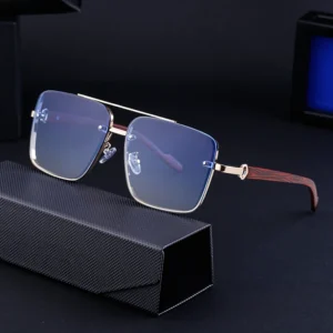 Retro Designer Wood Grain Color Temple Double Bridge Metal Frame UV400 Sunglasses for Men