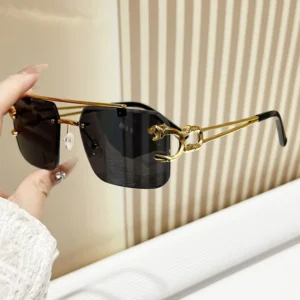 Retro Double Beam Pilot Sunglasses Unisex Gold Metal Square Fashion Leopard Head Rimless Cut Edge Hot Selling