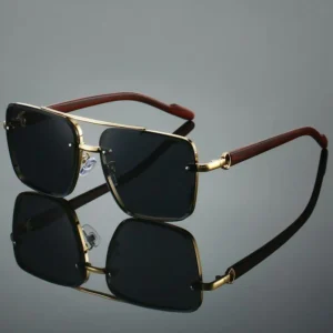 Retro Double Beam Square Full Rim Metal Polarized Sunglasses Fashion Men Women Gradient PC Lenses Wood Grain Temple UV400