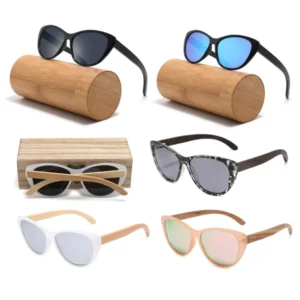 Retro Hand Made Wood Bamboo Sunglasses Laser Logo Polarized Sunglasses Women Cat Eye PC Frame Eyewear for Outdoor