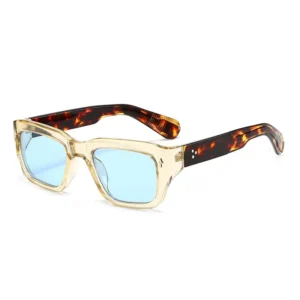 Retro Square Sunglasses Tortoise Temples Blue Lens Hip Hop Fashion Eyewear UV400