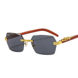 Retro Vintage Faux Wood Small Rectangle Rimless Sunglasses UV400 PC Frame Acrylic Lenses