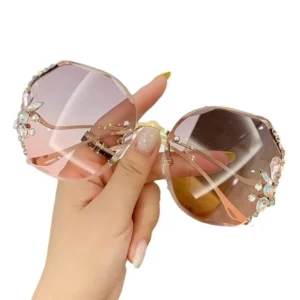 Rimless Cut Edge Women’s Sunglasses Korean Fashion Diamond encrusted Colored Metal UV400 Protection Slim High grade Glasses