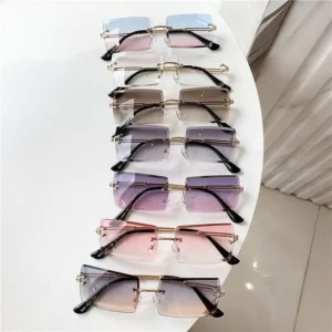 Rimless Fashionable for Women Luxury Metal Rectangle Sunglasses for Men Diamond Cut Clear UV400 Vintage Sunglasses Square