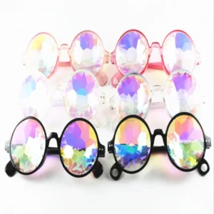 Round Kaleidoscope Holographic PC Sunglasses for Men Women UV400 Protection White Red Colors Festival Party Fashion