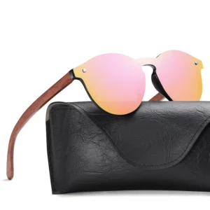 Round Plastic Frame Wood Temples Eco Friendly Biodegradable Polarized Wooden Sunglasses