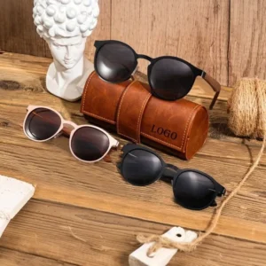 Round Small Women Sunglasses Customized Logo Metal Frame Wood Temple Sunglasses Polarized Gafas De Sol for Outdoor