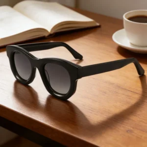 Small Round Frame Acetate Sunglasses for Women Retro Cat Eye Black Frame Face Slimming Sunscreen Glasses