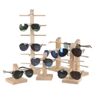 Solid Wood and Glass Double Linen Eyewear Showcase with Sunglass Display Holder Display Racks for Optics & Accessories