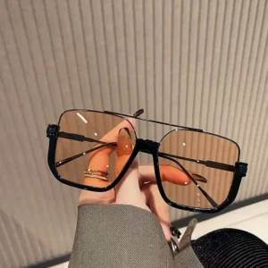 Square Metal Half Frame Rimless Sunglasses Blue Brown Purple Coffee Vintage Big Double Bridge Irregular Unisex Sunglasses