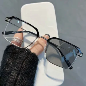 Square UV400 Blue Light Anti Reflective Photochromic Sunglasses Brown Metal Eyeglasses