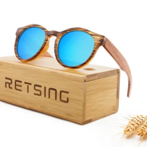 Striped Brown Tone Round Framed Sunglasses with Wood Arms