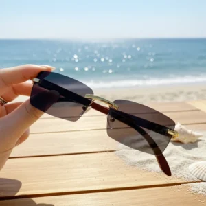 Stylish Custom Logo Designer Luxury Women Frame Rectangle Rimless Sunglasses Wooden Mirror UV400 Lenses